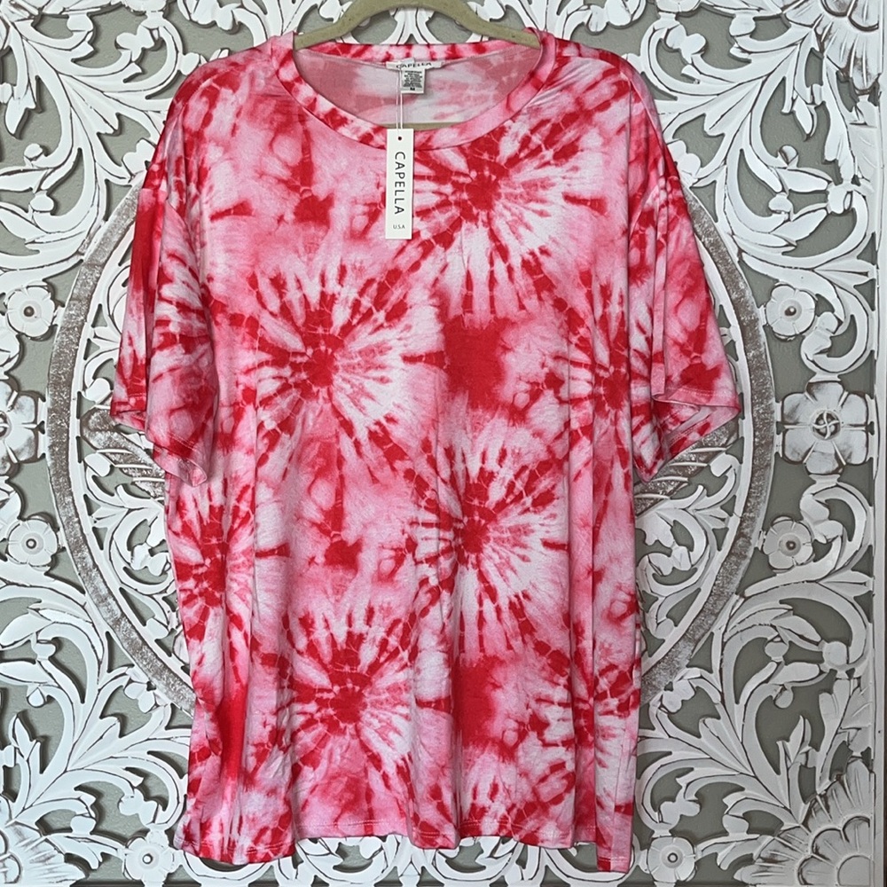 Capella Red and White Tie-Dye Oversized Soft Cozy Woman's Top sz M NWT